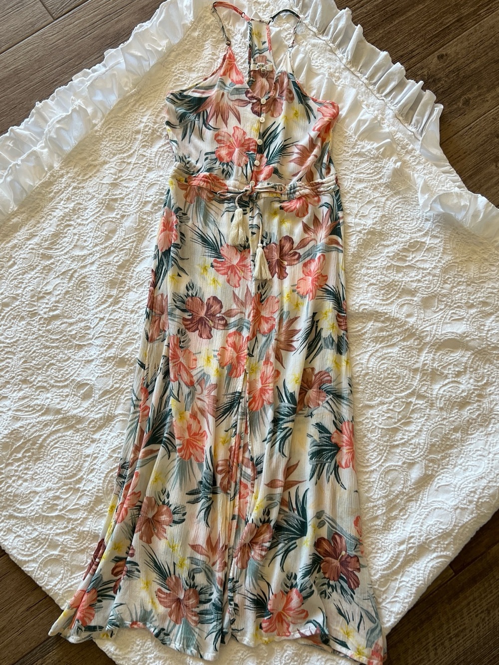Rip Curl Tropical Halter Maxi Dress in Coral, Green and Yellow